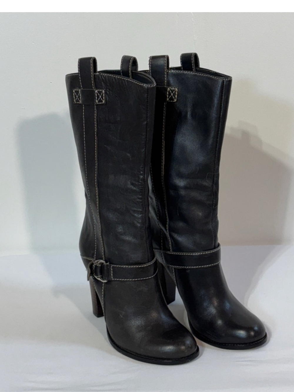 Ralph Lauren Stacked Heel Boots Women's Size 8.5 Black Leather Buckle Pull On